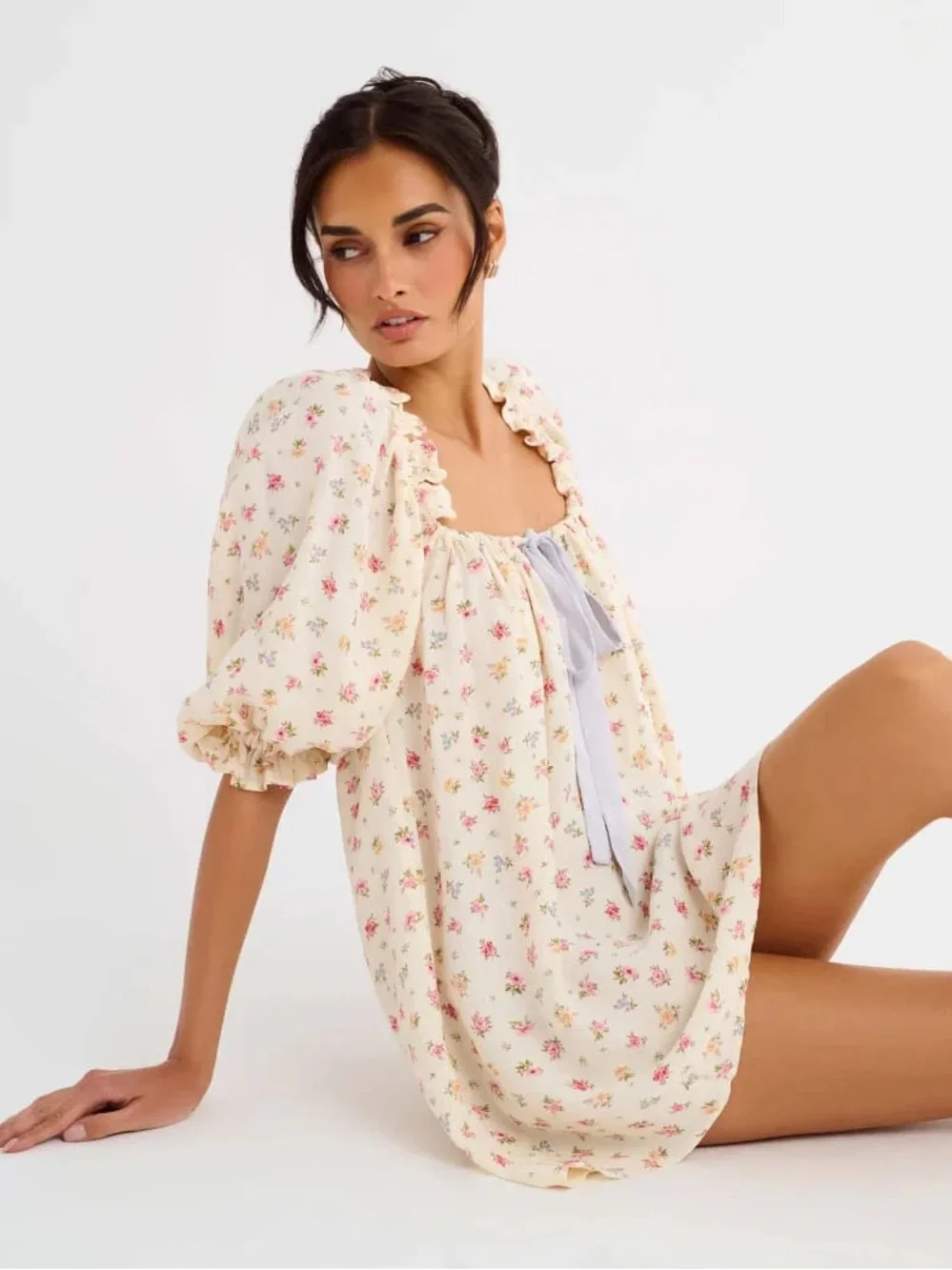 NEW Rumored Cream Floral Mini cottagecore marie Antoinette Pink floral dress - Picture 6 of 9